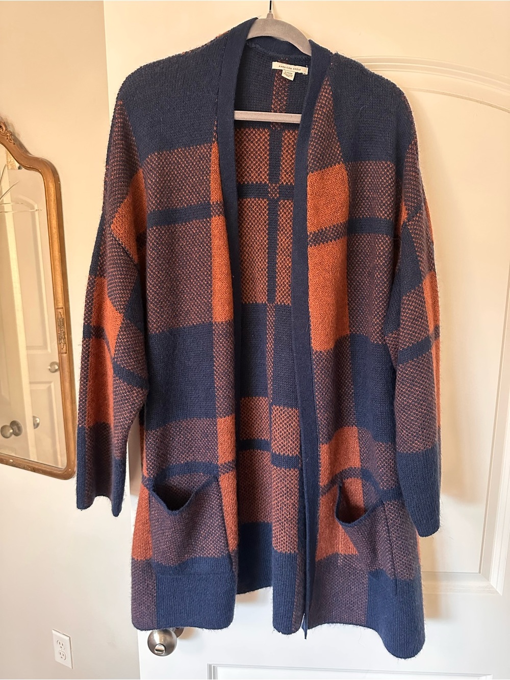 American Eagle Open-Front Plaid Cardigan Sweater - Navy and Burnt Orange XL